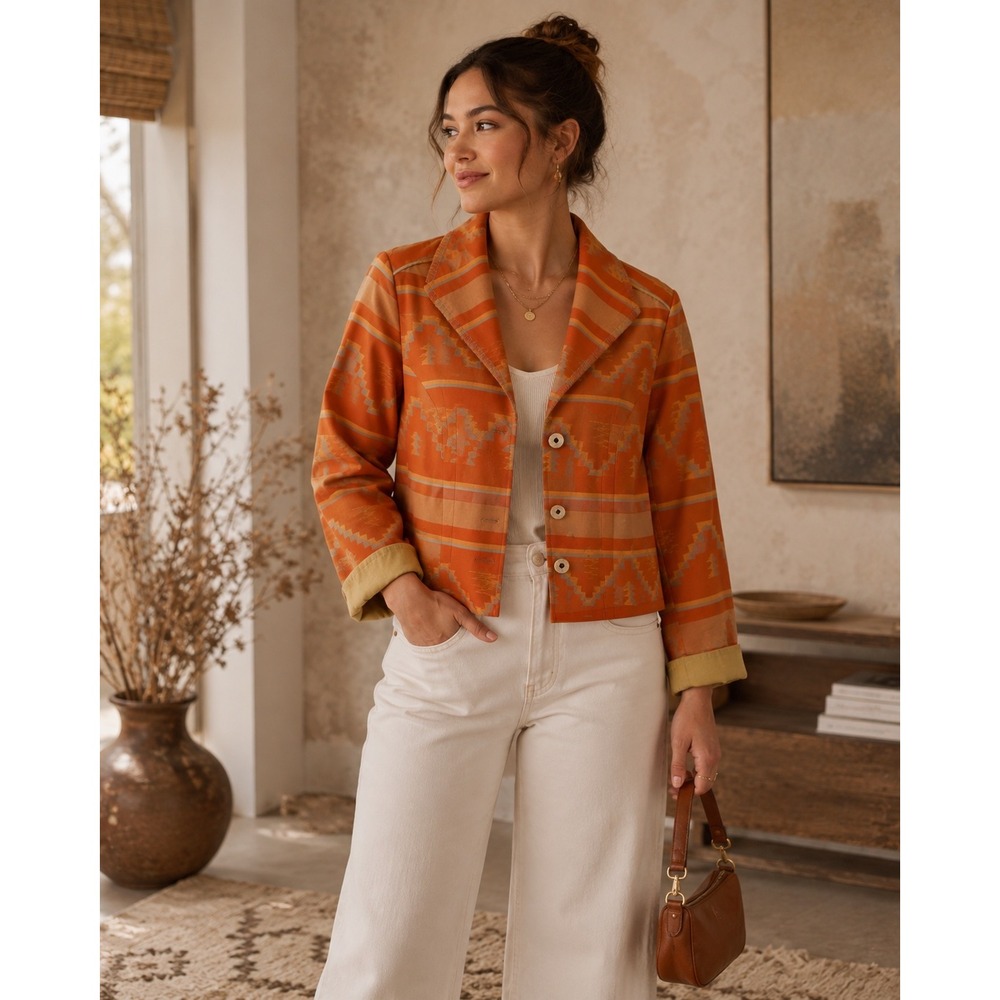 Coldwater‎ Creek P10 Orange Southwestern Aztec Blazer Jacket Boho Western
